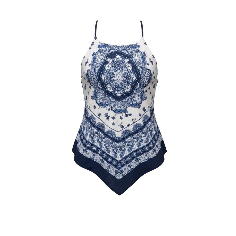 Y2K IZ BYER Medallion Bandana Halter Top Small Sheer Handkerchief Boho Coastal